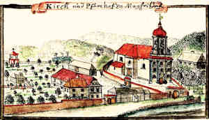 Kirch und Pfarrhof zu Mayfritzdorf - Koci i plebania, widok oglny